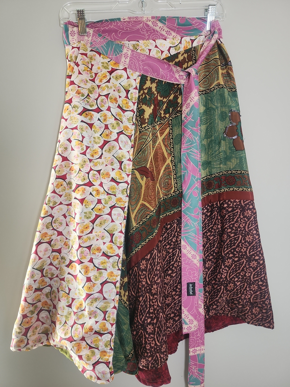 Mixed-Print Wrap Skirt in Pink and Green